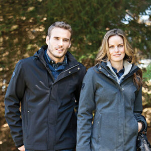 Man and woman wearing logoed jackets